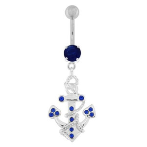 Jeweled Anchor with Rope Dangling Navel Belly Ring - Dark Blue