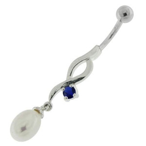 Jeweled And Pearl Silver Fancy Dangling Curved Bar Belly Ring - Dark blue