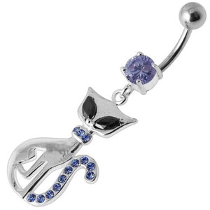 Jeweled Cat Dangling Belly Bar - Lavender