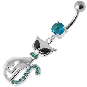 Jeweled Cat Dangling Belly Bar - Aqua