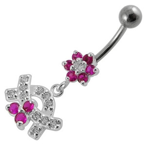 Jeweled Curve With Flower Silver Dangling Banana Bar Navel Belly Ring - Red