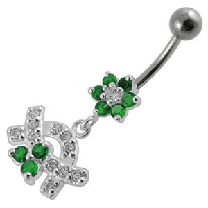Jeweled Curve With Flower Silver Dangling Banana Bar Navel Belly Ring - Emerald