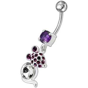 Jeweled Dangling Banana Bar Fancy Small Rat Belly Ring - Purple