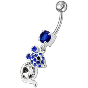 Jeweled Dangling Banana Bar Fancy Small Rat Belly Ring - Dark Blue