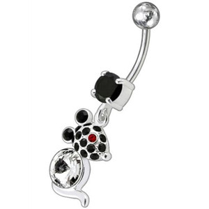 Jeweled Dangling Banana Bar Fancy Small Rat Belly Ring - Black