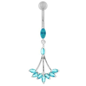 Jeweled Dangling Floral Chandelier Belly Button Ring - Aqua