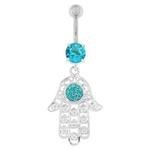 Hamsa Hand with Flowers Dangling Belly Button Ring - Aqua