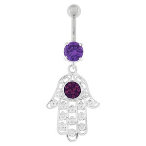 Hamsa Hand with Flowers Dangling Belly Button Ring - Purple