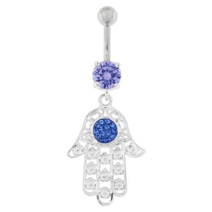 Hamsa Hand with Flowers Dangling Belly Button Ring - Lavender