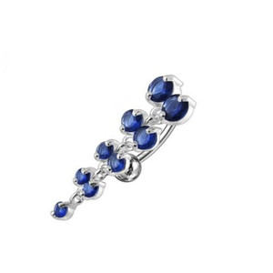 Jeweled Fancy Reverse Silver Dangling Curved Bar Belly Ring - Dark blue
