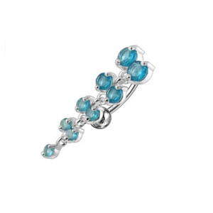 Jeweled Fancy Reverse Silver Dangling Curved Bar Belly Ring - Aqua