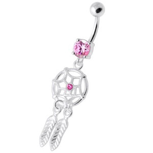 Jeweled Dream Catcher Silver Navel Ring - Pink