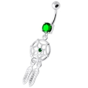 Jeweled Dream Catcher Silver Navel Ring - Emerald
