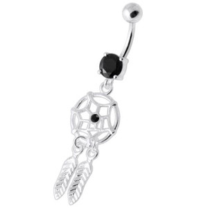 Jeweled Dream Catcher Silver Navel Ring - Black