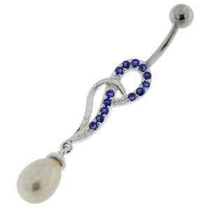 Jeweled Fancy Pearl Silver Dangling Curved Bar Belly Ring - Dark blue