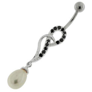 Jeweled Fancy Pearl Silver Dangling Curved Bar Belly Ring - Black