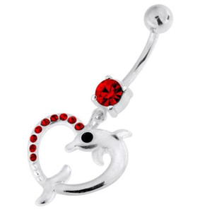 Jeweled Dolphin Heart 925 Sterling Silver Navel Belly Piercing - Red