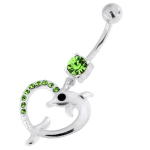 Jeweled Dolphin Heart 925 Sterling Silver Navel Belly Piercing - Peridot
