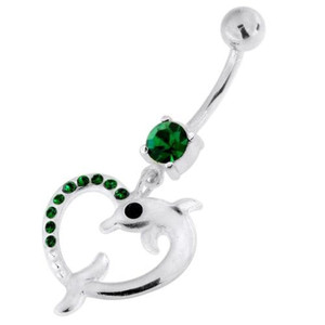Jeweled Dolphin Heart 925 Sterling Silver Navel Belly Piercing - Emerald