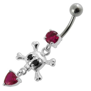 Jeweled Fancy Silver Dangling Banana Bar Navel Body Jewelry Ring - Red