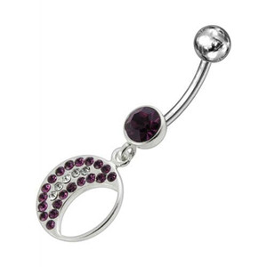 Jeweled Fancy Half MOON Silver Dangling Curved Bar Navel Ring - Purple