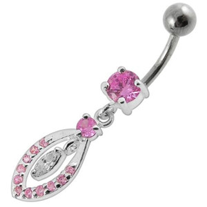 Jeweled Fancy Silver Dangling SS Bar Banana Belly Ring - Pink