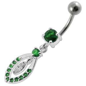 Jeweled Fancy Silver Dangling SS Bar Banana Belly Ring - Emerald