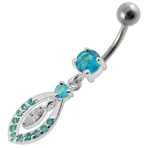 Jeweled Fancy Silver Dangling SS Bar Banana Belly Ring - Aqua