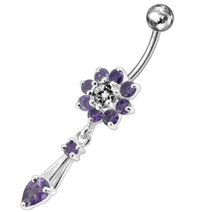 Jeweled Fancy Flower Dangling SS Banana Bar Navel Ring - Purple