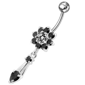Jeweled Fancy Flower Dangling SS Banana Bar Navel Ring - Black