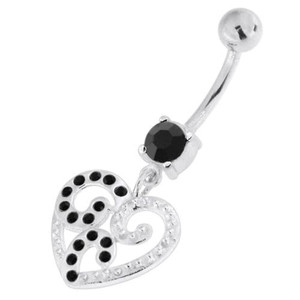Jeweled Floral Heart 925 Sterling Silver Navel Belly Piercing - Black