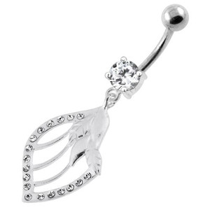 Jeweled Floral Shell 925 Sterling Silver Navel Bar - Clear