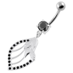 Jeweled Floral Shell 925 Sterling Silver Navel Bar - Black