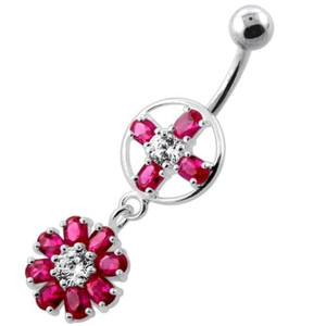 Jeweled Flower Hanging Navel Belly Bar - Red