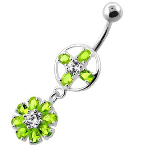 Jeweled Flower Hanging Navel Belly Bar - Peridot