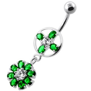 Jeweled Flower Hanging Navel Belly Bar - Emerald