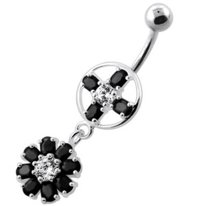 Jeweled Flower Hanging Navel Belly Bar - Black