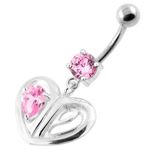 Jeweled Heart Cut out 925 Sterling Silver Navel Bar - Pink