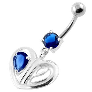 Jeweled Heart Cut out 925 Sterling Silver Navel Bar - Dark Blue