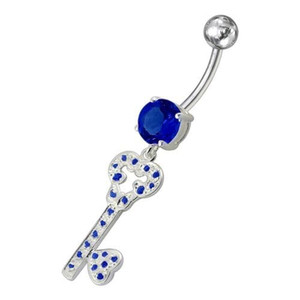 Jeweled Heart Key Dangling Belly Ring - Dark Blue