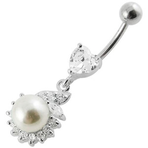 Jeweled Heart Pearl Dangling Navel Ring - Clear