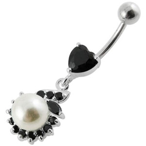 Jeweled Heart Pearl Dangling Navel Ring - Black
