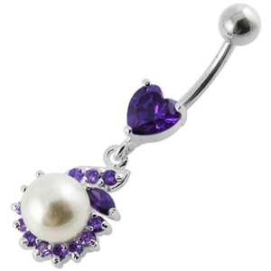Jeweled Heart Pearl Dangling Navel Ring - Purple