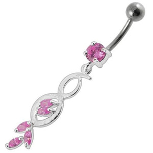 Multi Stone Jeweled Fancy Dangling SS Banana Bar Belly Ring - Pink