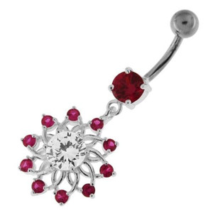 Jeweled Lotus Flower Sterling Silver Belly Button Ring - Red