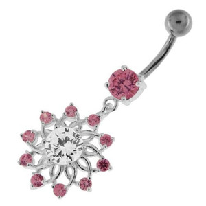 Jeweled Lotus Flower Sterling Silver Belly Button Ring - Pink