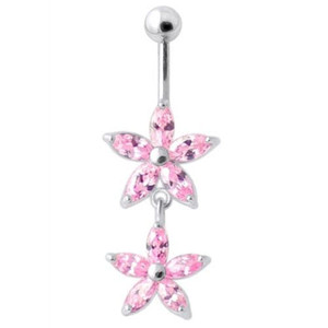 Jeweled Multi Flower Silver Dangling Belly Button Ring - Pink