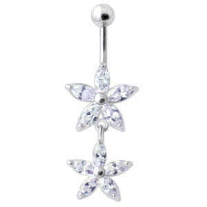 Jeweled Multi Flower Silver Dangling Belly Button Ring - Lavender