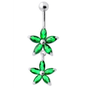 Jeweled Multi Flower Silver Dangling Belly Button Ring - Emerald