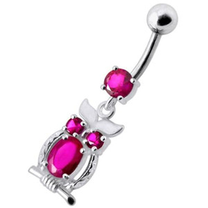 Jeweled Owl Dangling Navel Bar - Red